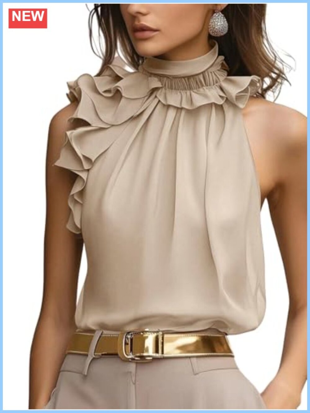 Women's Elegant Ruffle Trim Sleeveless Halter Blouse Dressy Tank Top